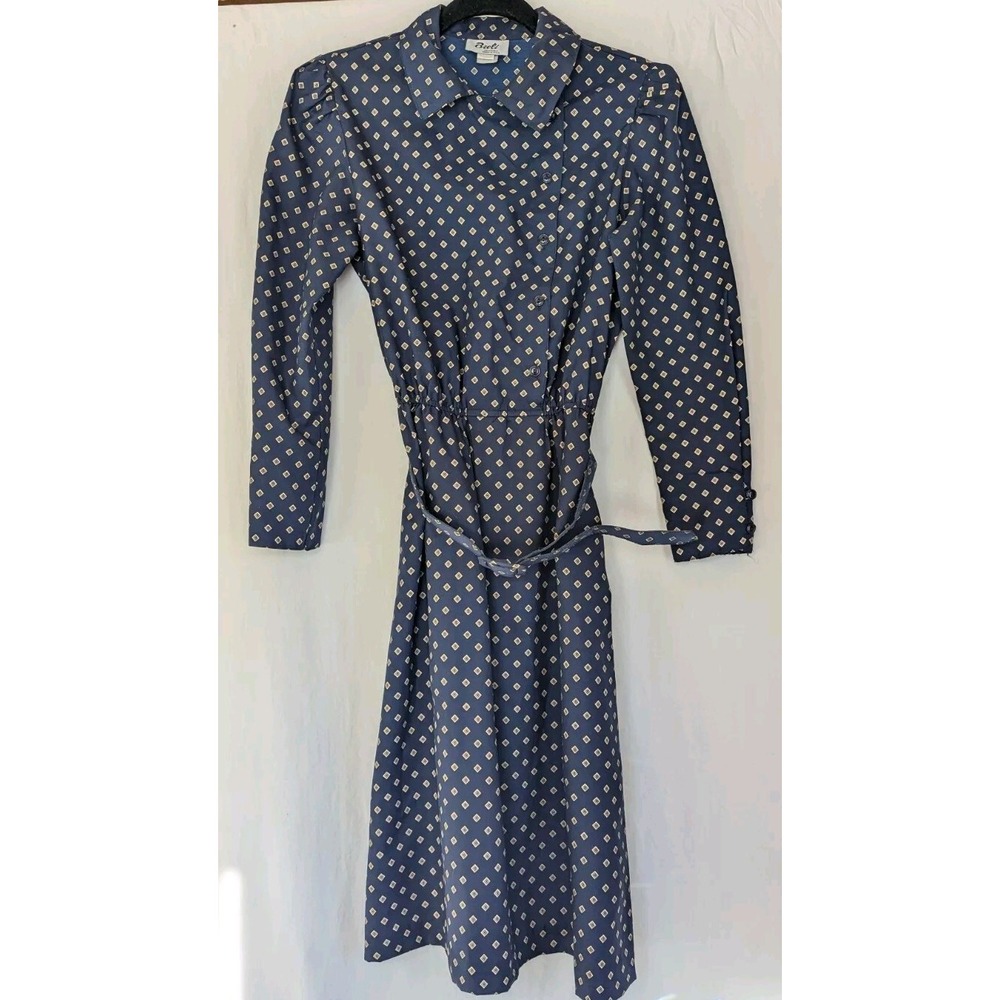 Vtg Breli Originals Dress Size 12 Belted Blue Square Dimensions Long Sleeve